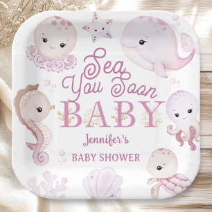 Assiettes En Carton Sea You Soon Baby Shower Fille Rose Océan