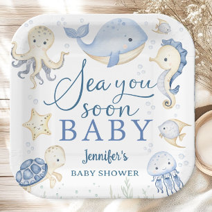 Assiettes En Carton Sea You Soon Boy Baby Shower Océan Bleu