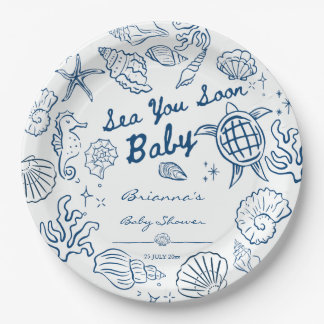 Assiettes En Carton Sea you soon seashells beach boy baby shower