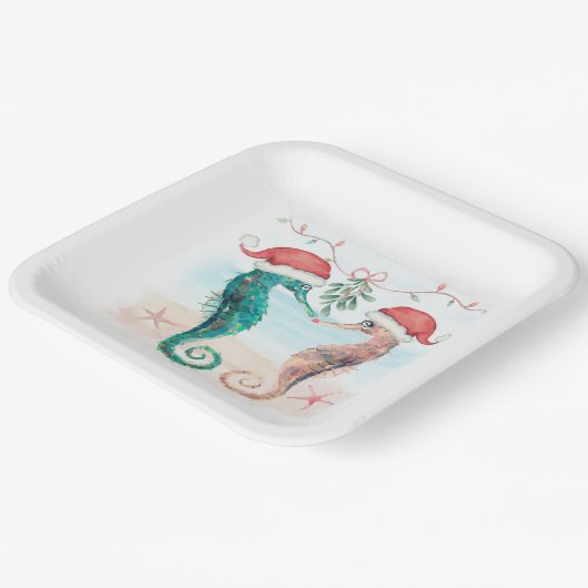 Assiettes En Carton Seahorse Père Noël Coastal Christmas Kiss Beach (Angulaire)