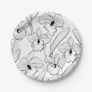 Assiettes En Carton Seamless sketched orchid cattleya flowers tropical