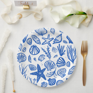 Assiettes En Carton Seashells Beach Wedding Bleu Blanc Cute Balnéaire
