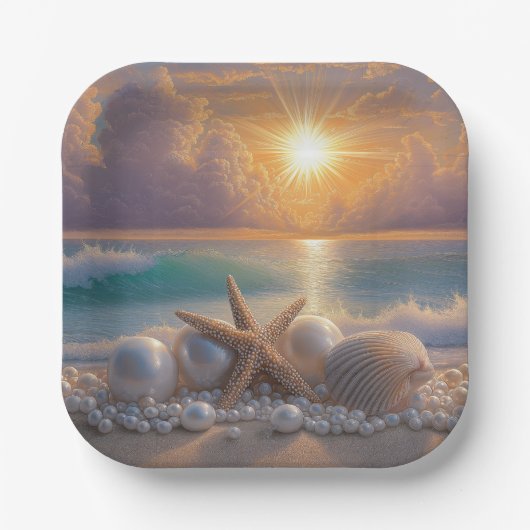 Assiettes En Carton Seashore Ocean Sunset Seashells Pearls (Recto)