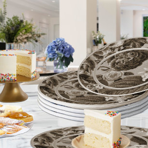 Assiettes En Carton Sépia Tone Brown Toile Florale No.1