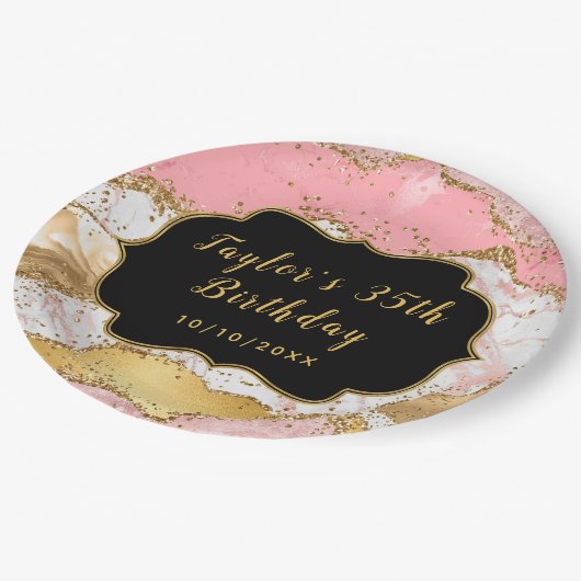 Assiettes En Carton Séquins or et rose Agate Anniversaire (Angle)