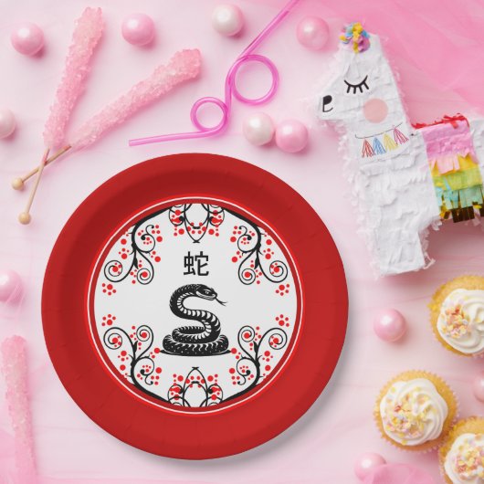 Assiettes En Carton Serpent du Nouvel An chinois et fleurs rouges (Fête)