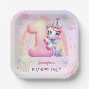 Assiettes En Carton Serviette en papier rose licorne 1er anniversaire