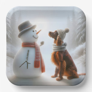 Assiettes En Carton Setter irlandais de Noël avec Snowman