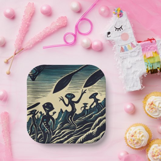Assiettes En Carton SF - Aliens Sur Une Planète Étrange Découpe 3 (Fête)