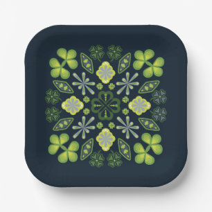 Assiettes En Carton Shamrock Clover Floral Mandala Blue