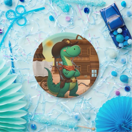 Assiettes En Carton Shérif de dinosaure mignon/cowboy (Fête)