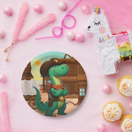 Assiettes En Carton Shérif de dinosaure mignon/cowboy (Fête)