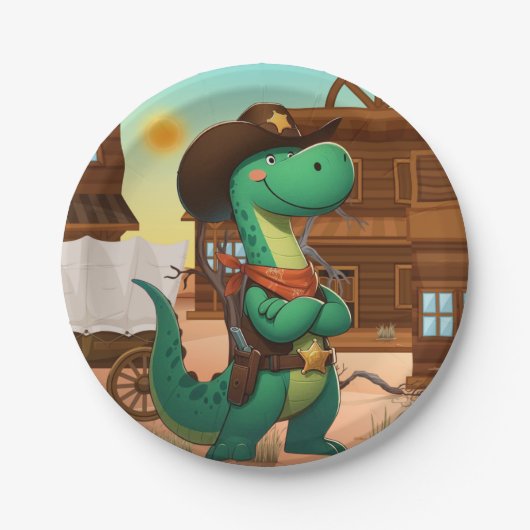Assiettes En Carton Shérif de dinosaure mignon/cowboy (Devant)