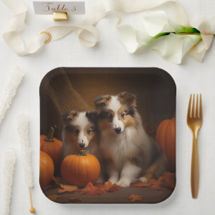 Assiettes En Carton Shetland Sheepdog Chiot Chiot Automne Citrouille d
