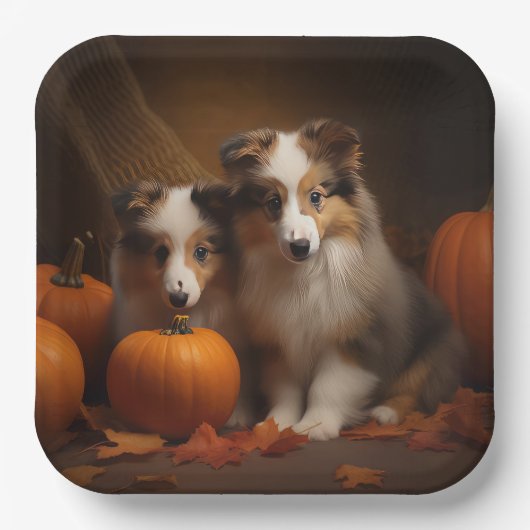 Assiettes En Carton Shetland Sheepdog Chiot Chiot Automne Citrouille d (Recto)