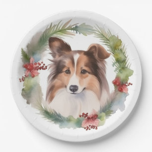 Assiettes En Carton Shetland Sheepdog Christmas Wreath Festive Pup