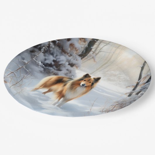 Assiettes En Carton Shetland Sheepdog Laisser neiger Noël (Angle)