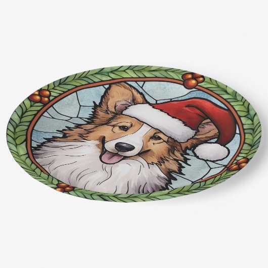 Assiettes En Carton Shetland Sheepdog Vitrail Noël (Angle)