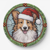 Assiettes En Carton Shetland Sheepdog Vitrail Noël (Devant)