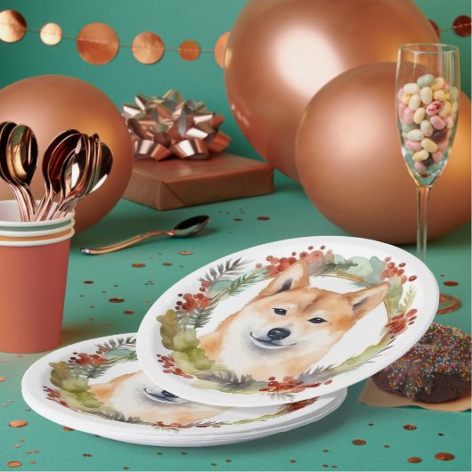Assiettes En Carton Shiba Inu Festive de la couronne de Noël Coupe (Multi)
