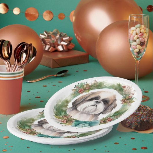 Assiettes En Carton Shih Tzu Christmas Wreath Festive Pup (Multi)