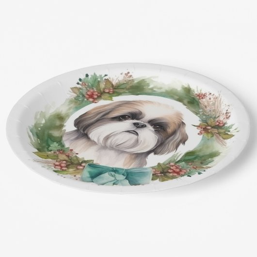 Assiettes En Carton Shih Tzu Christmas Wreath Festive Pup (Angle)