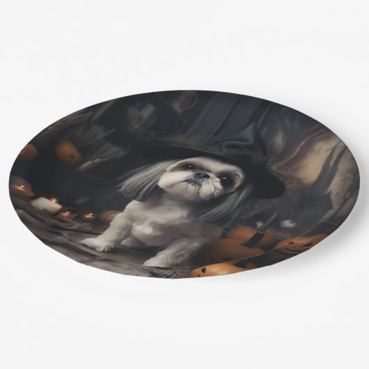 Assiettes En Carton Shih Tzu Citrouilles Halloween effrayant (Angle)