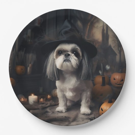 Assiettes En Carton Shih Tzu Citrouilles Halloween effrayant (Devant)