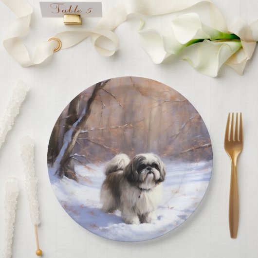 Assiettes En Carton Shih Tzu Laisse Neige Noël (Mariage)