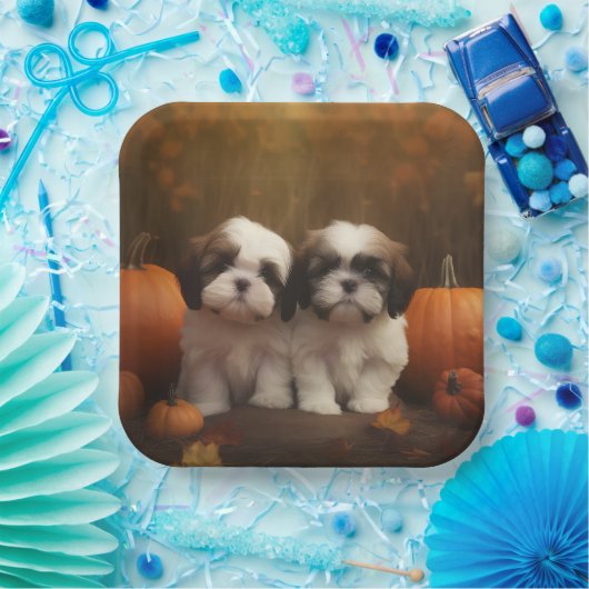 Assiettes En Carton Shih Tzu Puppy Automne Citrouille de plaisir (Fête)