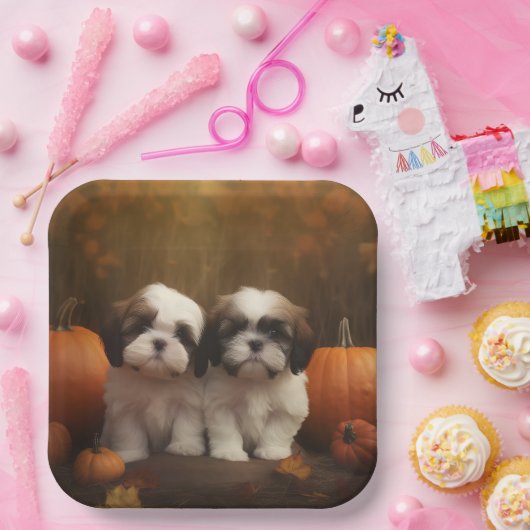 Assiettes En Carton Shih Tzu Puppy Automne Citrouille de plaisir (Fête)