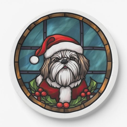 Assiettes En Carton Shih Tzu Vitrail Noël (Devant)