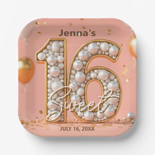 Assiettes En Carton Shimmering Pearlescent Gold Soft Pink Sweet 16 (Recto)