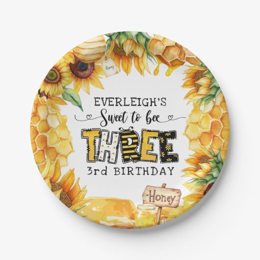 Assiettes En Carton Si doux à être trois fleuris 3e anniversaire (Devant)