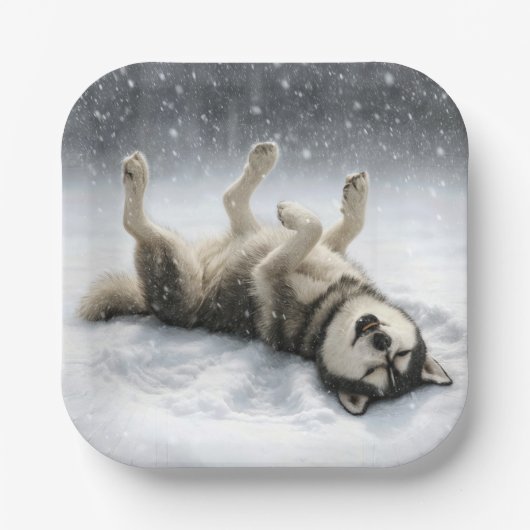 Assiettes En Carton Siberian Huskey Creating a Snow Angel (Recto)