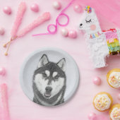 Assiettes En Carton Sibérie Husky (noir et blanc) peint l'art du chien (Fête)