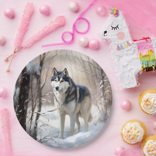 Assiettes En Carton Sibérien Husky Laisser Neige Noël (Fête)