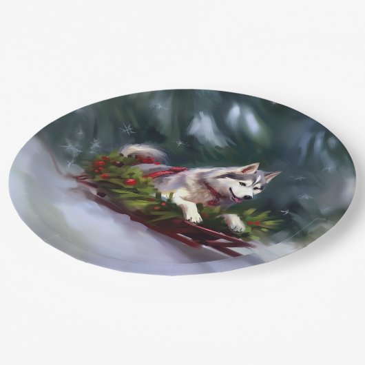 Assiettes En Carton Sibérien Husky neige de Noël hiver (Angle)