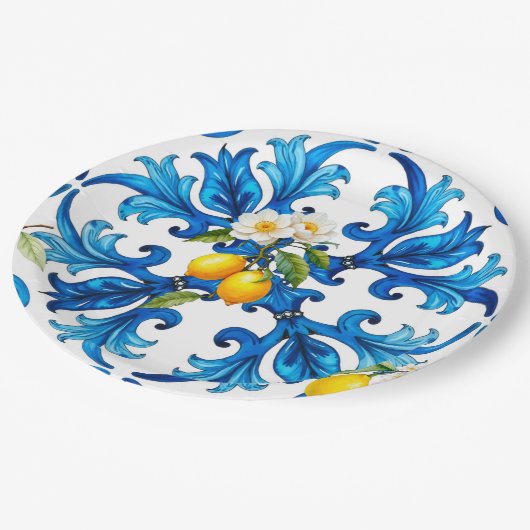 Assiettes En Carton sicilien, été, citron, mosaïque, bleu, (Angle)