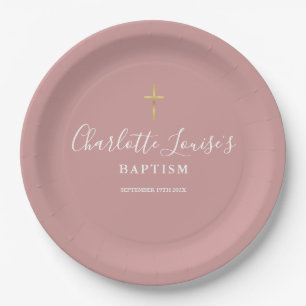 Assiettes En Carton Signature Baptême Christening Rose Poussiéreuse Ro