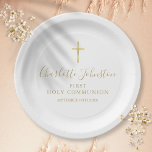 Assiettes En Carton Signature dorée de la première sainte communion<br><div class="desc">Doté d'un nom de signature de script doré. Personnalisez avec votre première communion sacrée spéciale en lettres d'or chic Conçu par Thisisnotme©</div>