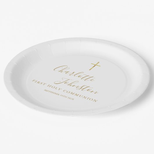 Assiettes En Carton Signature dorée moderne Première communion sainte (Angle)