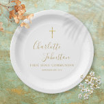 Assiettes En Carton Signature dorée moderne Première communion sainte<br><div class="desc">Doté d'un nom de signature de script doré. Personnalisez avec vos informations spéciales de communion sainte en lettres d'or chic. Conçu par Thisisnotme©</div>