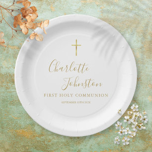 Assiettes En Carton Signature dorée moderne Première communion sainte