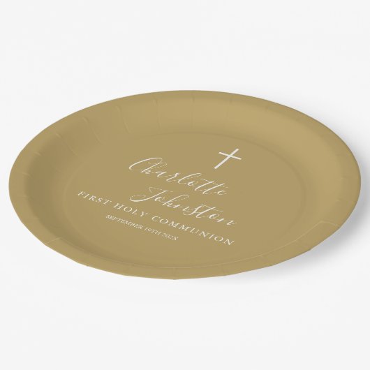 Assiettes En Carton Signature Script First Holy Communion Gold (Angle)
