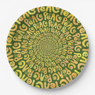Assiettes En Carton signe de paix mot spirale jaune orange vert foncé