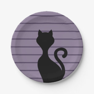 Assiettes En Carton Silhouette de chat noir de dessin animé rayures vi