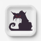 Assiettes En Carton Silhouette de chat noir malin avec yeux rouges (Recto)