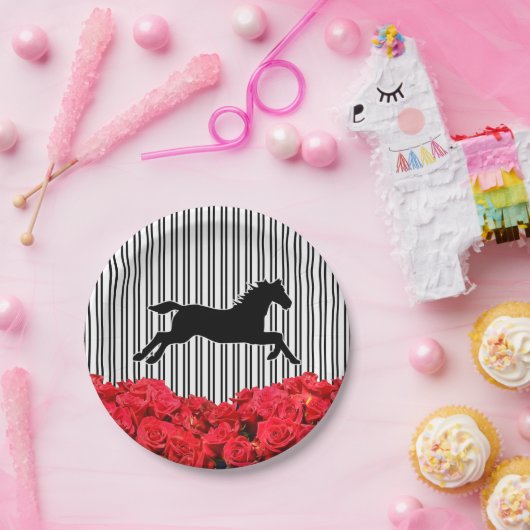 Assiettes En Carton Silhouette de cheval Roses rouges Rayures noires D (Fête)