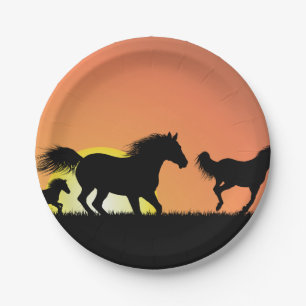 Assiettes En Carton Silhouette de chevaux sauvages au coucher du solei